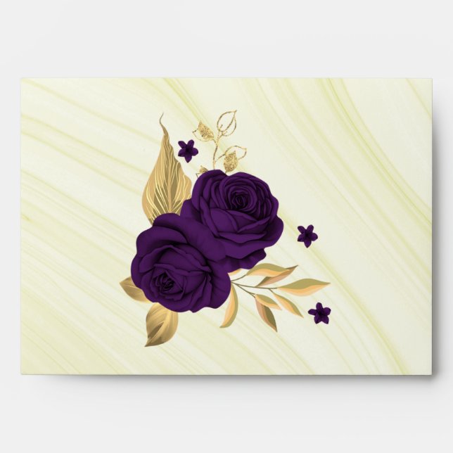 royal purple gold floral marble wedding envelope (Front)