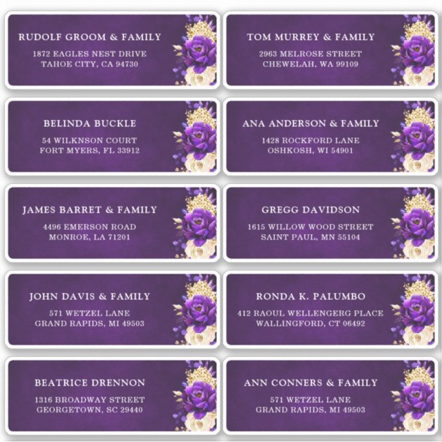 Royal Purple Gold Floral Wedding Guest Address  (Front)