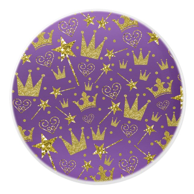 Royal Purple & Gold Glitter Girls Princess Decor Ceramic Knob (Front)