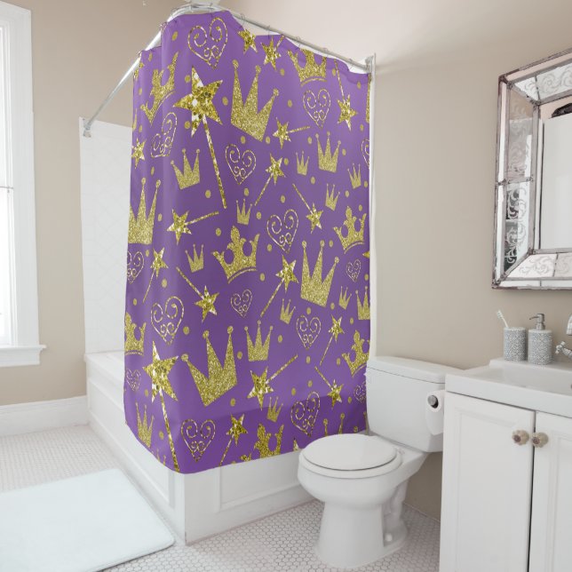 Royal Purple & Gold Glitter Girls Princess Shower Curtain (In Situ)