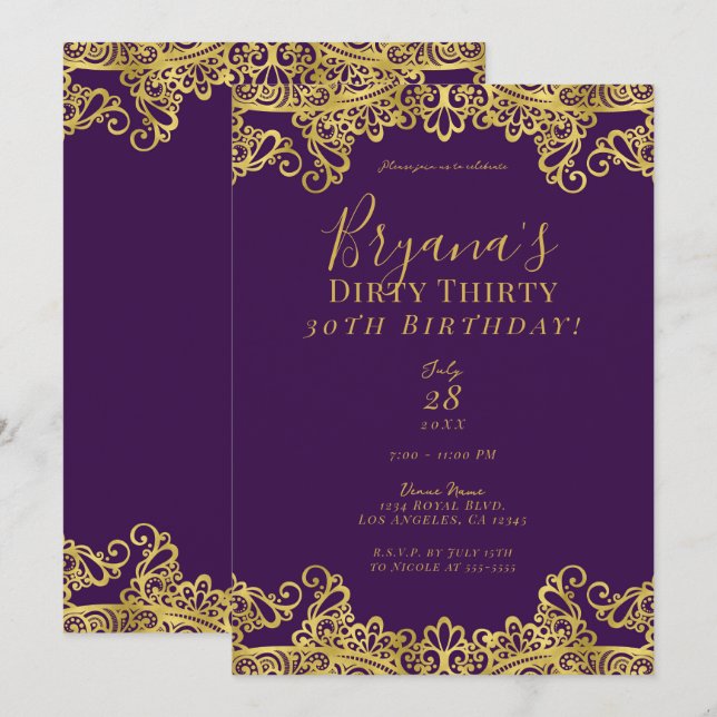 Royal Purple & Gold Lace Dirty 30 30th Birthday   Invitation (Front/Back)