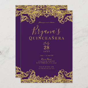 Royal Purple Gold Lace Elegant Quinceañera Party   Invitation