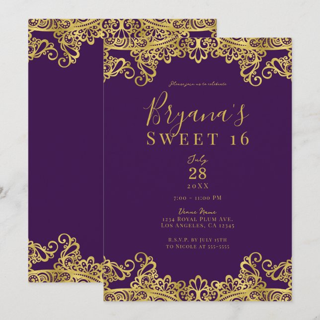 Royal Purple & Gold Lace Elegant Sweet 16 Party  Invitation (Front/Back)