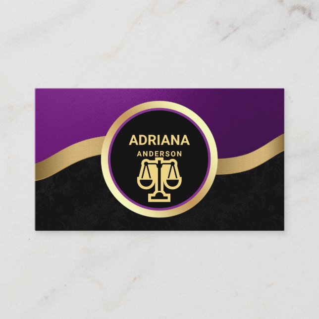 Royal Purple Gold Lawyer Justice Scale Attorney Business Card (Front)