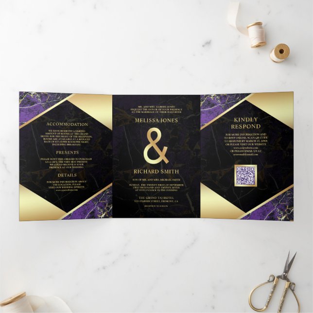 Royal Purple Gold Marble Ampersand QR Code Wedding Tri-Fold Invitation (Inside)