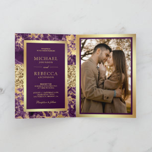 Royal Purple Gold Marble Photo QR Code Wedding Invitation