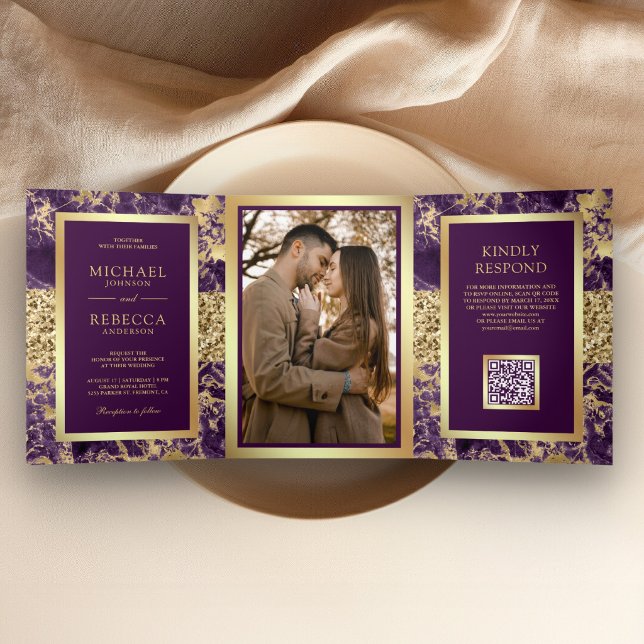 Royal Purple Gold Marble Photo QR Code Wedding Tri-Fold Invitation (Creator Uploaded)