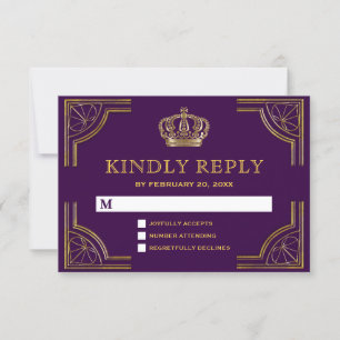 Royal Purple Gold Ornate Crown RSVP Card