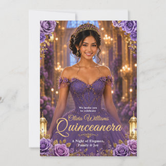 Royal Purple & Gold Quinceañera Birthday Invitation
