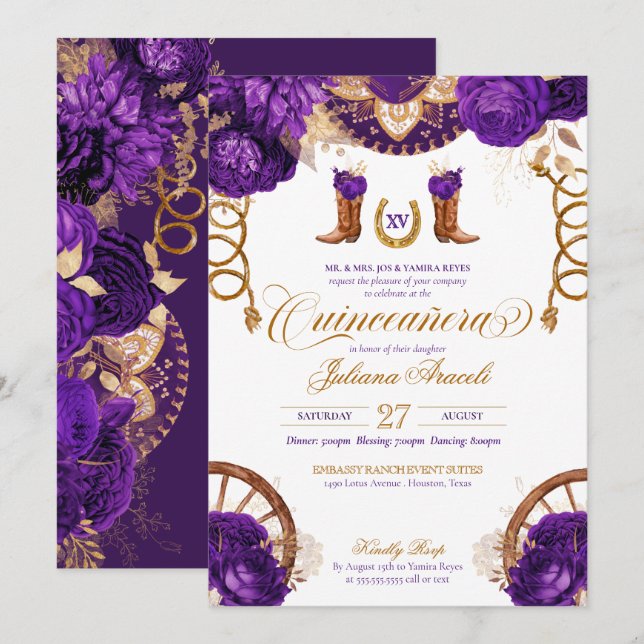 Royal Purple Gold Rose Country Western Quinceanera Invitation (Front/Back)