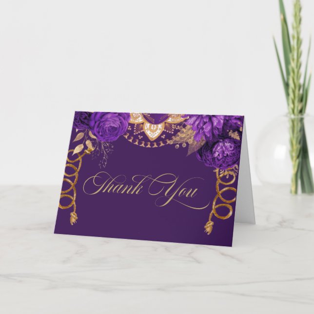 Royal Purple & Gold Roses Elegant Charro Western Thank You Card (Front)