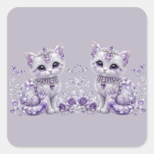 Royal Purple Jewelled Kitten Fantasy Square Sticker
