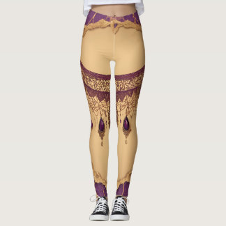 Royal purple lace & gold gemstone  AI art  Leggings