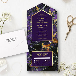 Royal Purple Marble Faux Gold Foil Wedding All In One Invitation