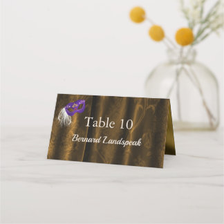 Royal Purple Masquerade Bronze Gold Damask Escort Place Card