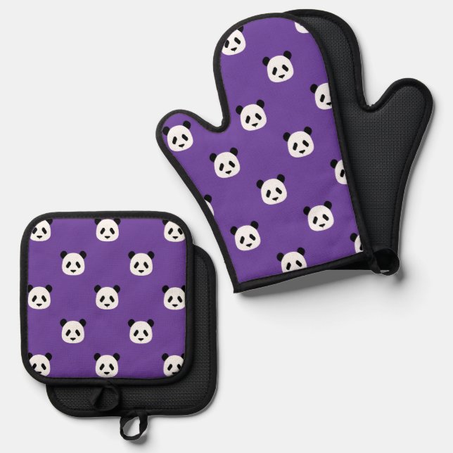 Royal Purple - Minimalist Panda Pattern Oven Mitt & Pot Holder Set (Front/Back)