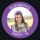 Royal Purple Photo Sweet 16 Birthday Favour Classic Round Sticker<br><div class="desc">Create your own personalised royal purple border round framed photo favour stickers.
You can customise the solid background colour.
If you change the all caps style or font face,  you can change the curvature of the text in small increments if needed.
Have fun creating your own custom design.</div>