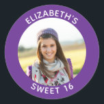 Royal Purple Photo Sweet 16 Birthday Favour Classic Round Sticker<br><div class="desc">Create your own personalised royal purple border round framed photo favour stickers.
You can customise the solid background colour.
If you change the all caps style or font face,  you can change the curvature of the text in small increments if needed.
Have fun creating your own custom design.</div>