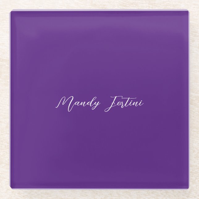 Royal Purple Plain Elegant Minimalist Calligraphy Glass Coaster (Front)