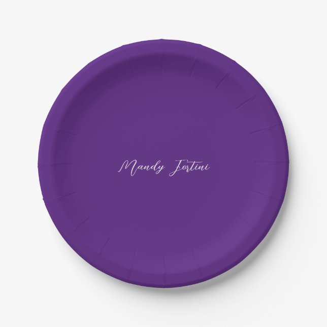 Royal Purple Plain Elegant Minimalist Calligraphy Paper Plate (Front)