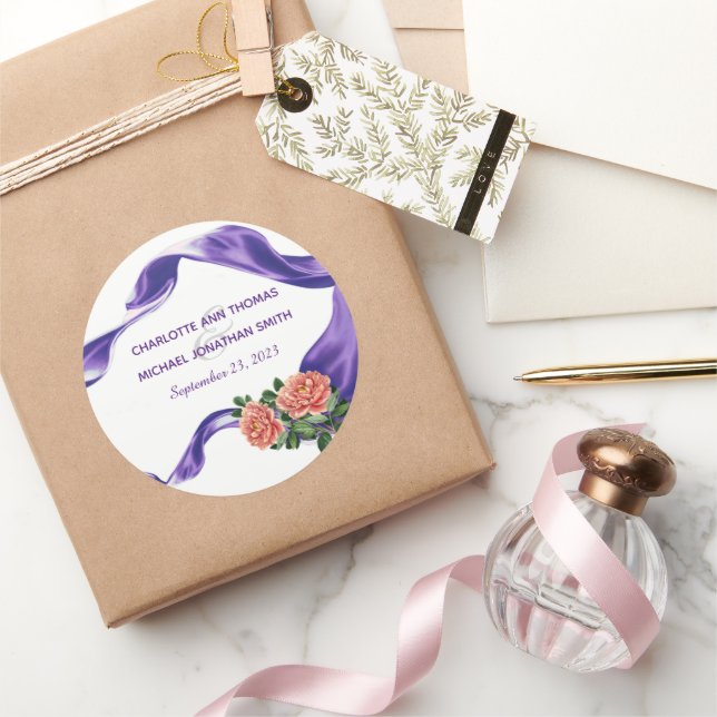 Royal Purple Ribbon & Floral Wedding Classic Round Sticker (Gifting)
