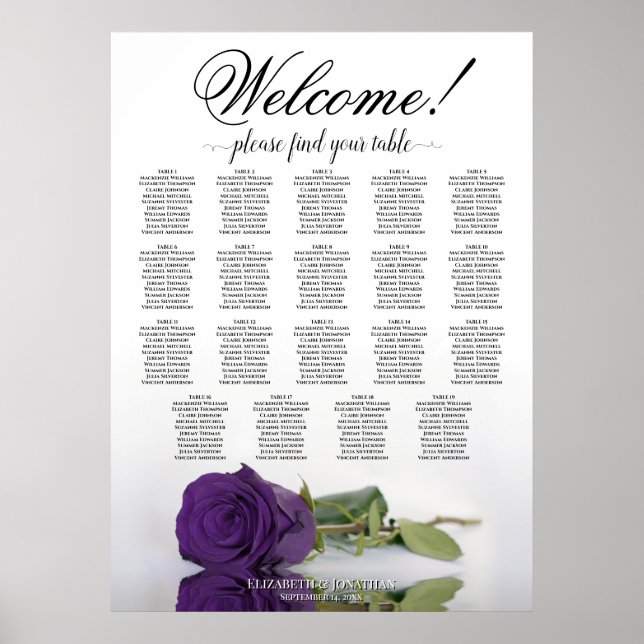 Royal Purple Rose 19 Table Wedding Seating Chart (Front)