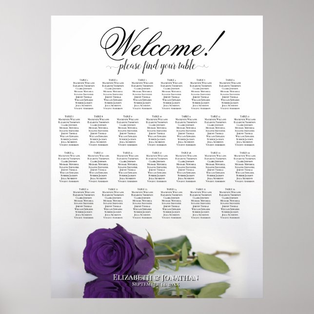 Royal Purple Rose 26 Table Wedding Seating Chart (Front)