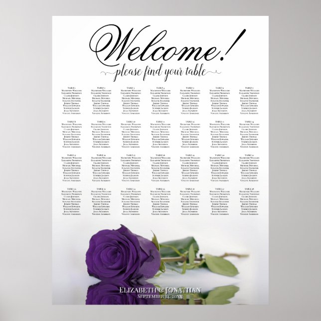 Royal Purple Rose 28 Table Wedding Seating Chart (Front)