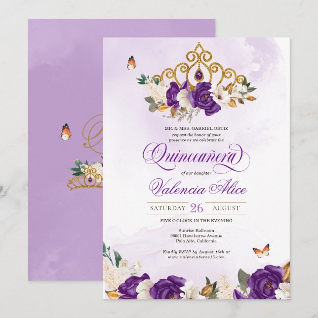 Royal Purple Rose Butterfly Princess Quinceanera  Invitation (Front/Back)