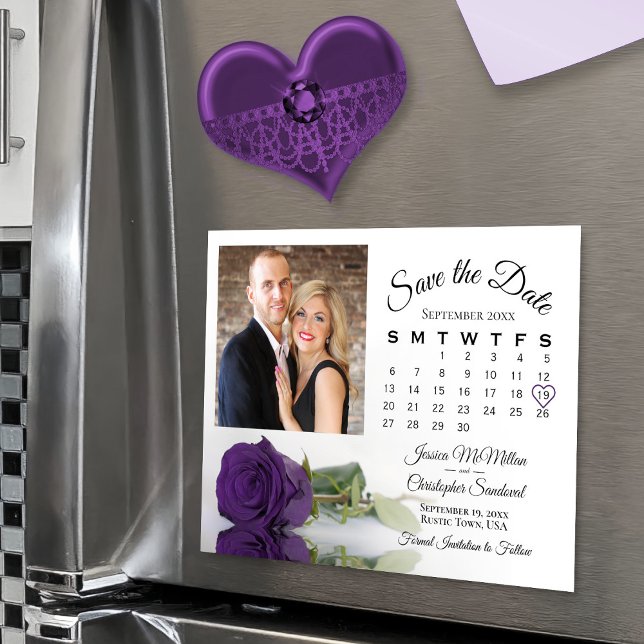 Royal Purple Rose Calendar Photo Save Date Magnet (Magnetic card for easy display!)