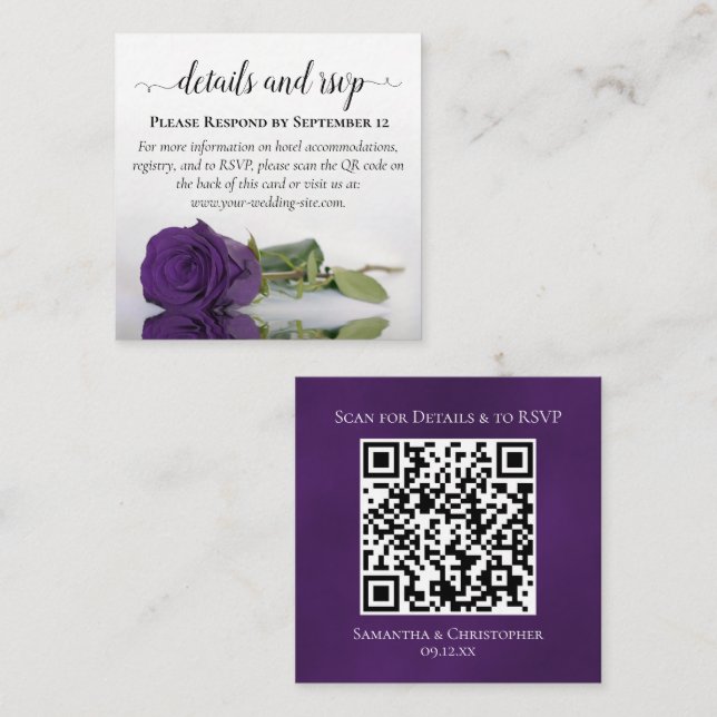 Royal Purple Rose Wedding Details & RSVP QR Code Enclosure Card (Front/Back)