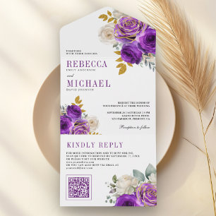 Royal Purple Roses Floral QR Code Wedding All In One Invitation