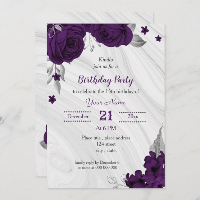 royal purple silver floral birthday party invitation (Front/Back)