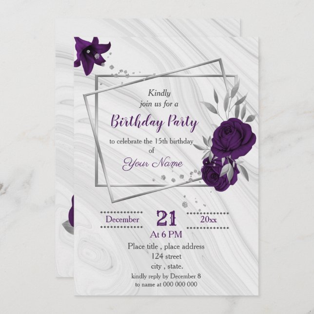 royal purple silver floral geometric birthday invitation (Front/Back)