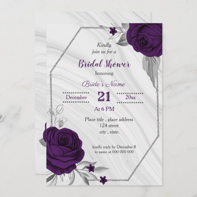 royal purple silver floral geometric bridal shower invitation (Front/Back)