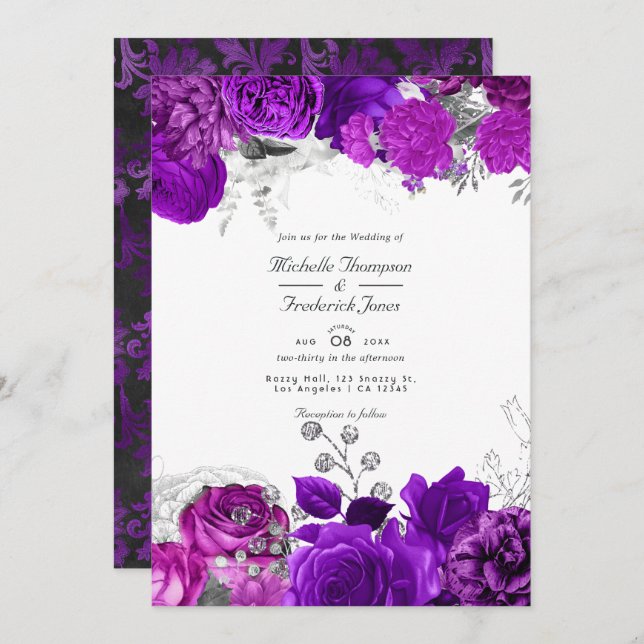 Royal Purple & Silver Floral Wedding QR Code Rsvp Invitation (Front/Back)