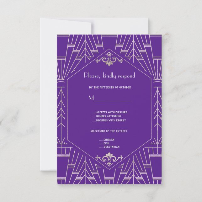 Royal Purple Silver Great Gatsby 20s Wedding RSVP Card (Front)