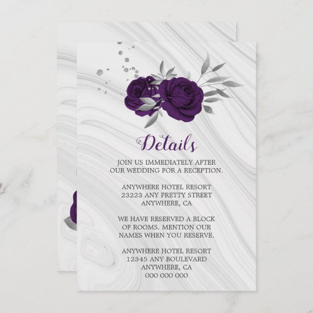 royal purple silver grey floral marble details enclosure card (Front/Back)