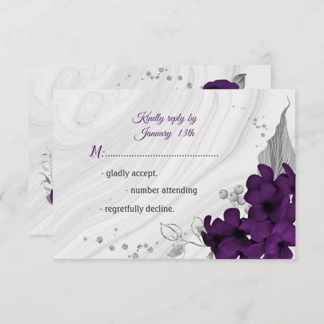 royal purple silver grey floral  RSVP card (Front/Back)