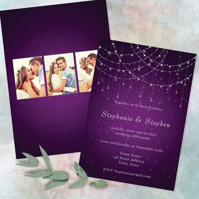 Royal Purple String Lights 3 Photos Wedding Invitation (front and back view)