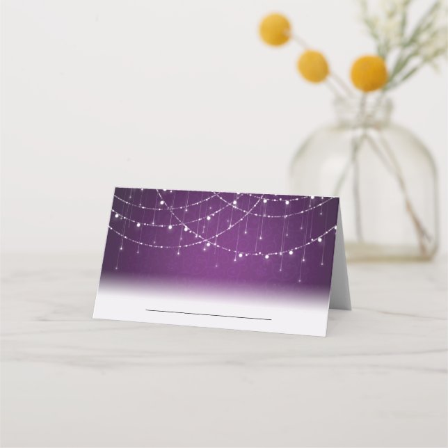 Royal Purple String Lights Wedding Place Card (Front)