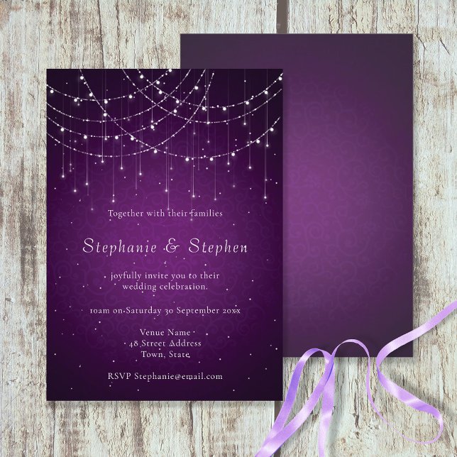 Royal Purple Swirl & String Lights Wedding Invitation (Creator Uploaded)