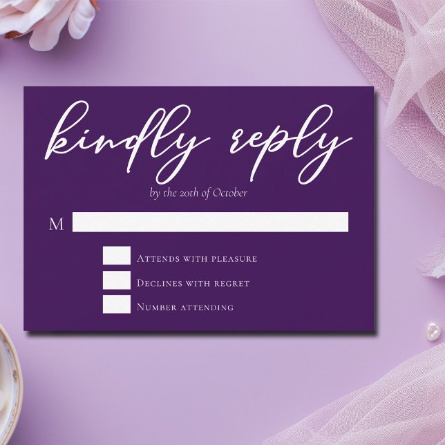 Royal Purple Typography Wedding Kindly Reply RSVP Card (Creator Uploaded)
