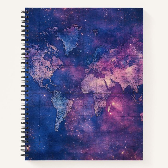 Royal Purple Vintage Celestial World Map Notebook (Front)