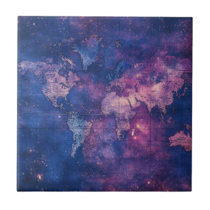 Royal Purple Vintage Celestial World Map Tile
