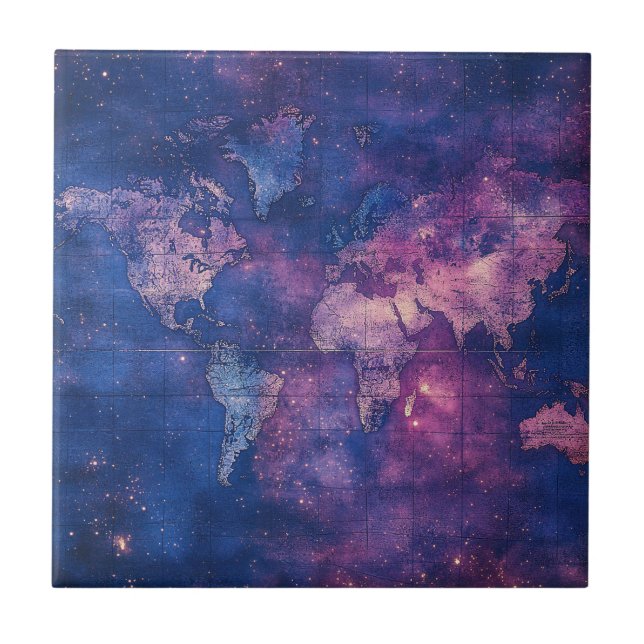 Royal Purple Vintage Celestial World Map Tile (Front)