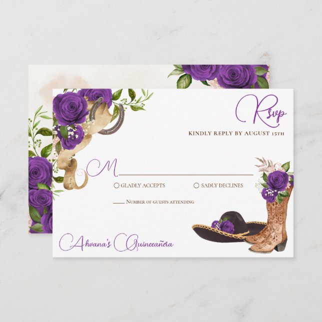 Royal Purple Violet Charro Western Quinceanera RSVP Card (Front/Back)