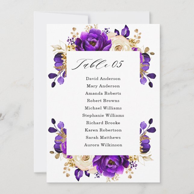 Royal Purple Violet Gold Botanical Seating Chart Invitation (Front)