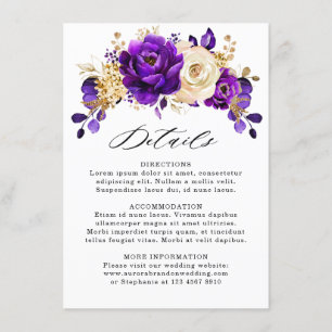 Royal Purple Violet Gold Botanical Wedding Details Enclosure Card