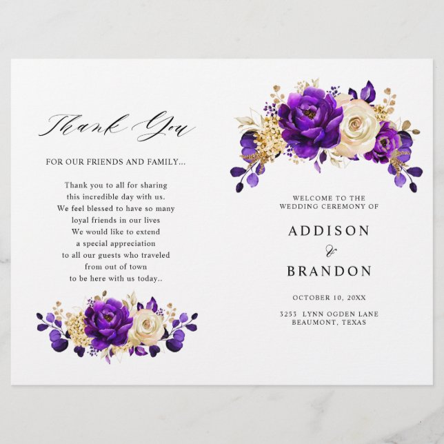 Royal Purple Violet Gold Botanical Wedding Program (Front)